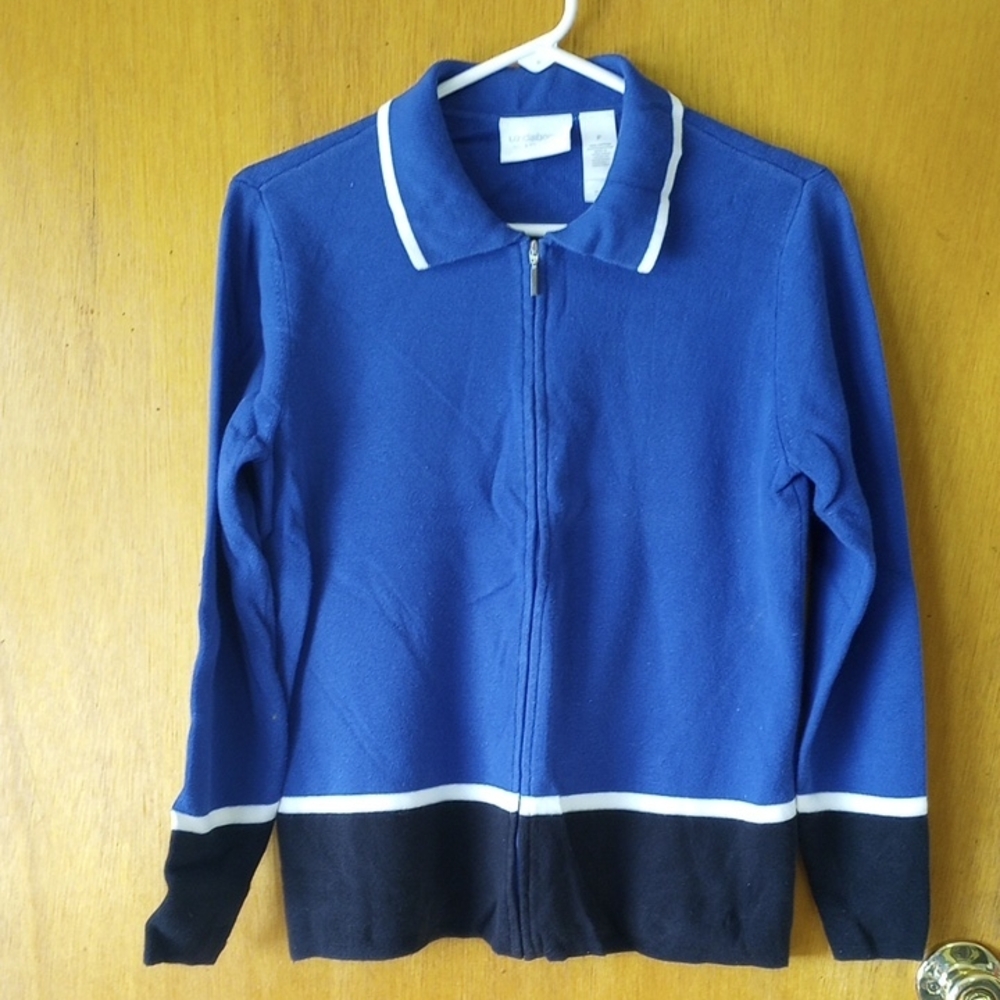 Liz Claiborne Small Petite Blue, White, Black Cotton Sweater w/ Collar Zipper